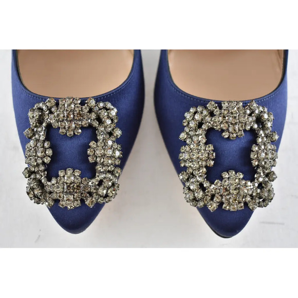 Manolo Blahnik Hangisi 105 Navy Blue Satin Crystal Jewel Buckle Heel Pump 40 - Picture 6 of 12